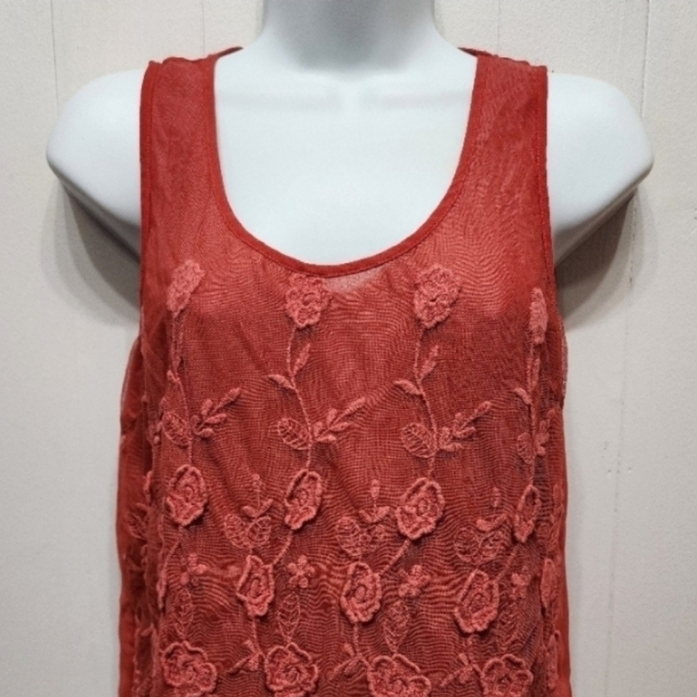 Forever 21 Sleeveless Top Medium Burnt Orange Floral Sheer Back‎ Casual  B841